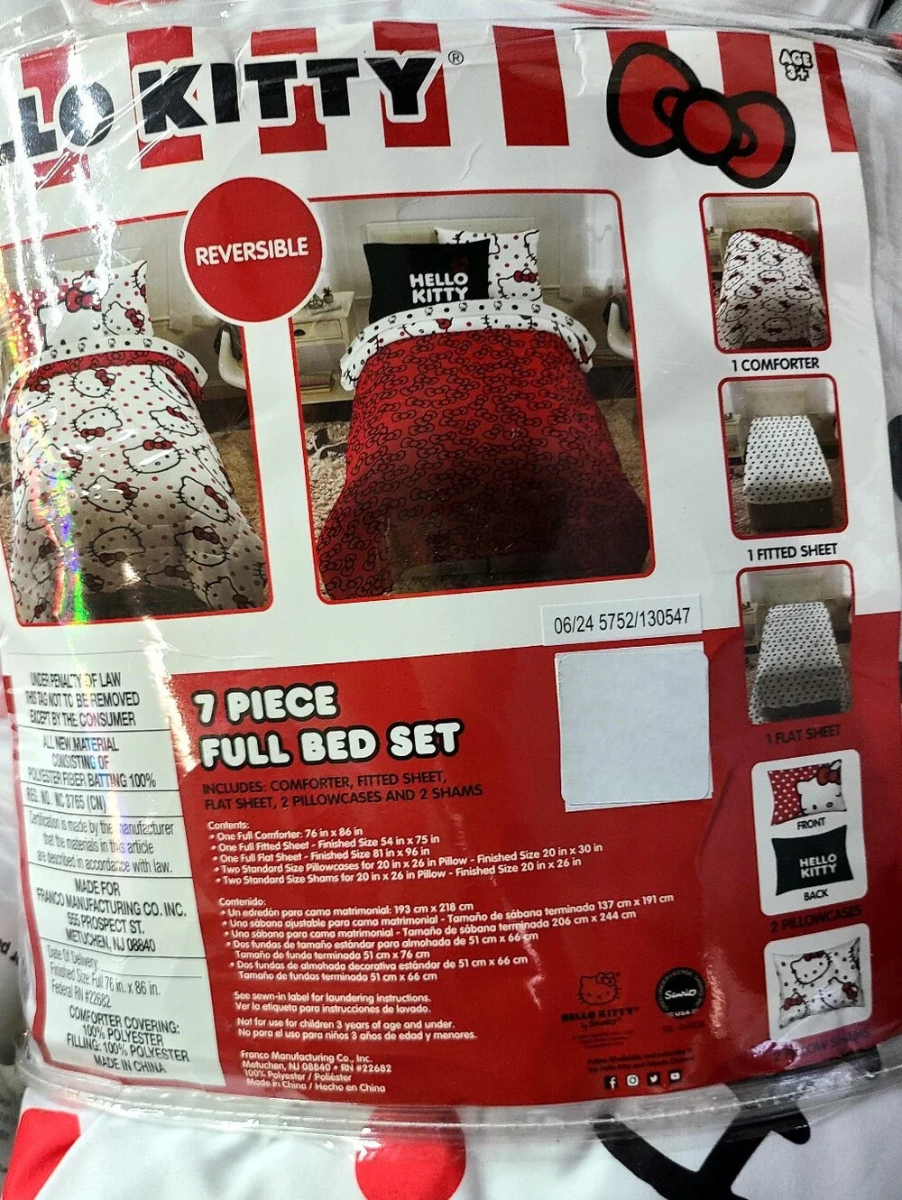 Hello Kitty Polka Dot 7 Piece Super Soft Comforter and Sheet Set Full Reversible
